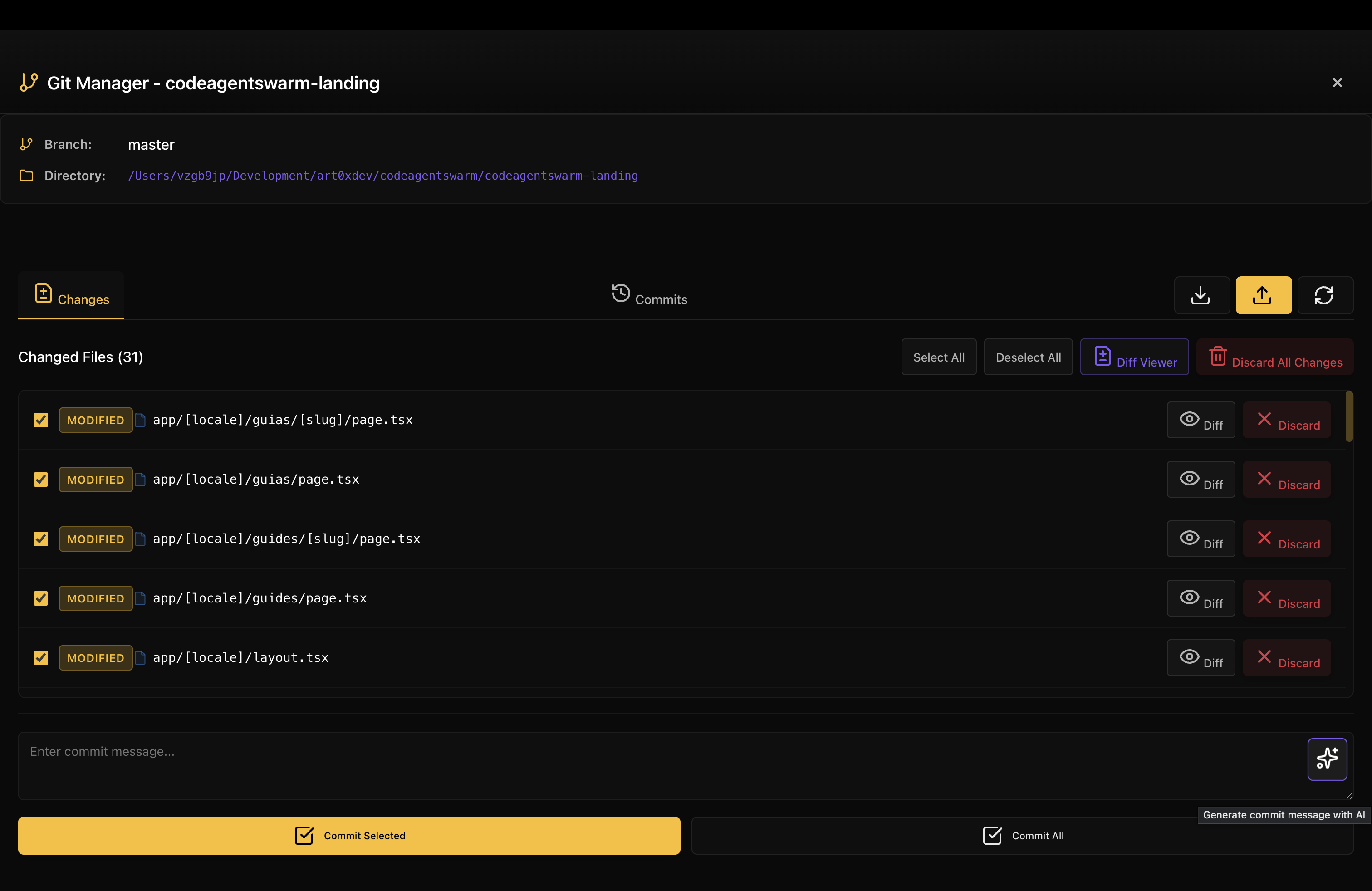 CodeAgentSwarm Git Manager showing the list of changed files on one side and the Generate commit message with AI control, with a generated message in the commit box