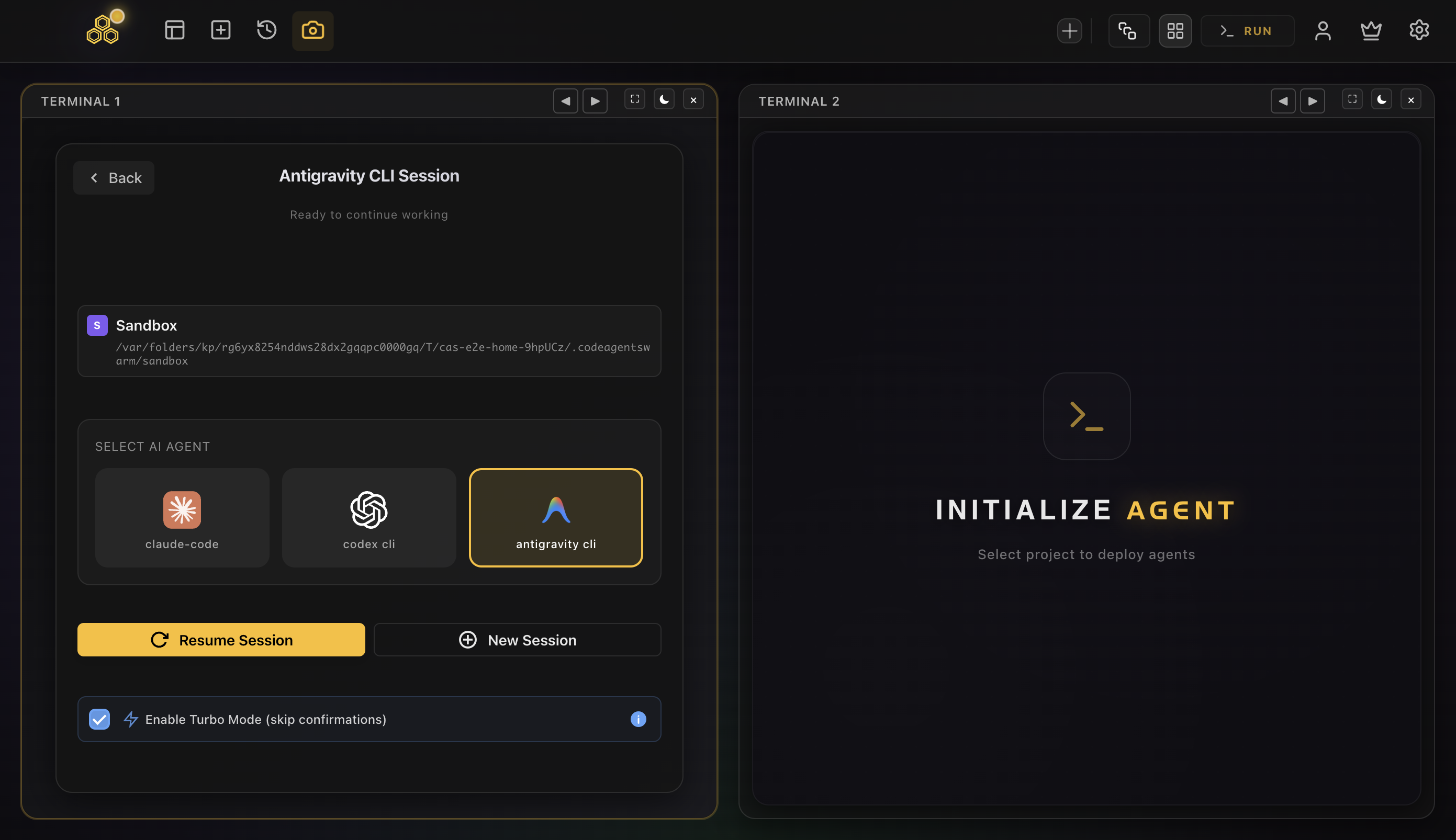 Several Antigravity CLI sessions running in parallel inside one CodeAgentSwarm window, each terminal an independent agy process working on a different project