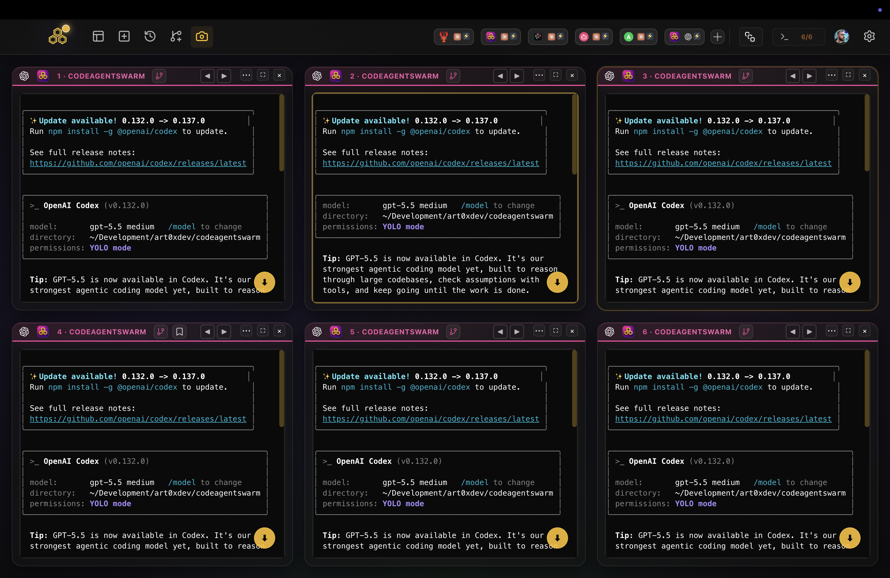 Multiple OpenAI Codex CLI terminals running in parallel in a single CodeAgentSwarm workspace, each an independent Codex session
