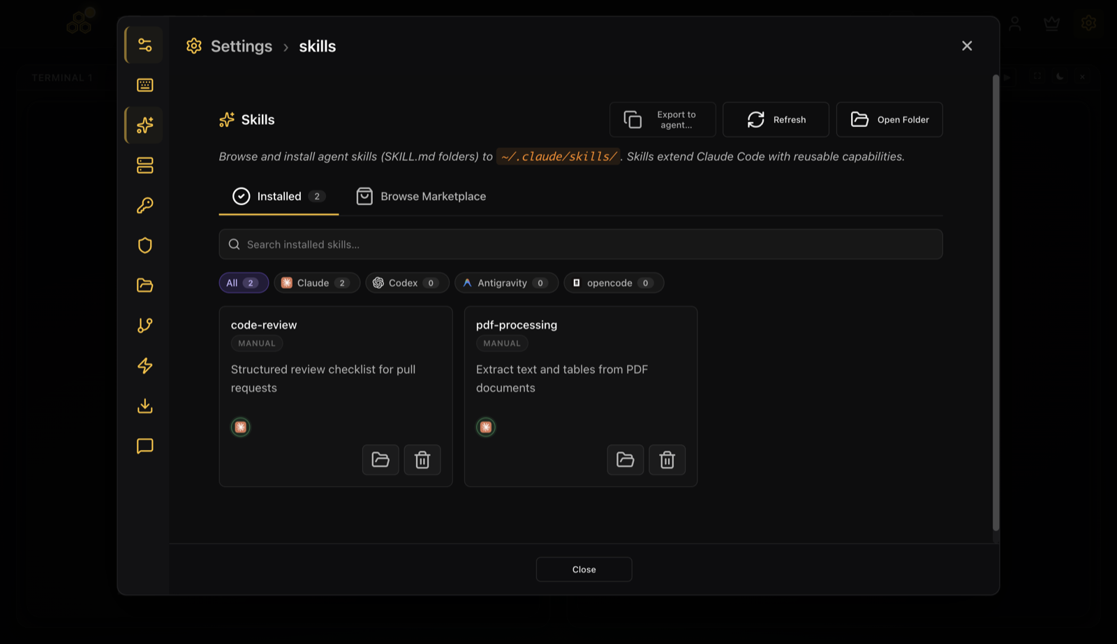 The Export to agent button in the CodeAgentSwarm Skills tab