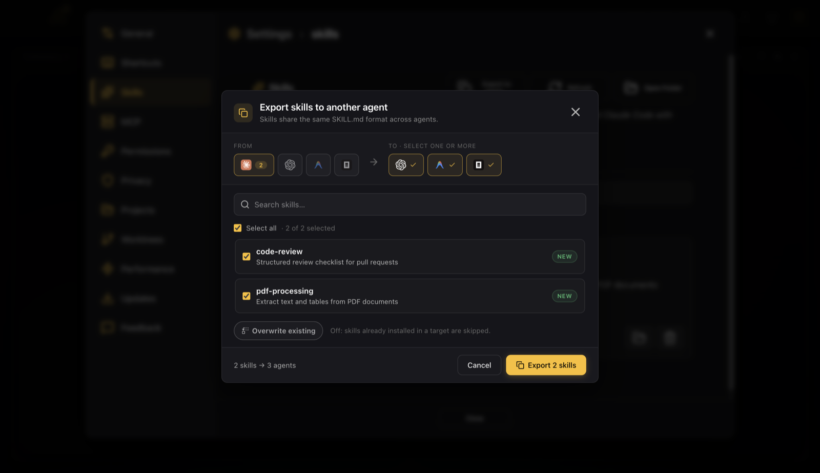 The Export skills modal in CodeAgentSwarm with source and target agents and the skill list