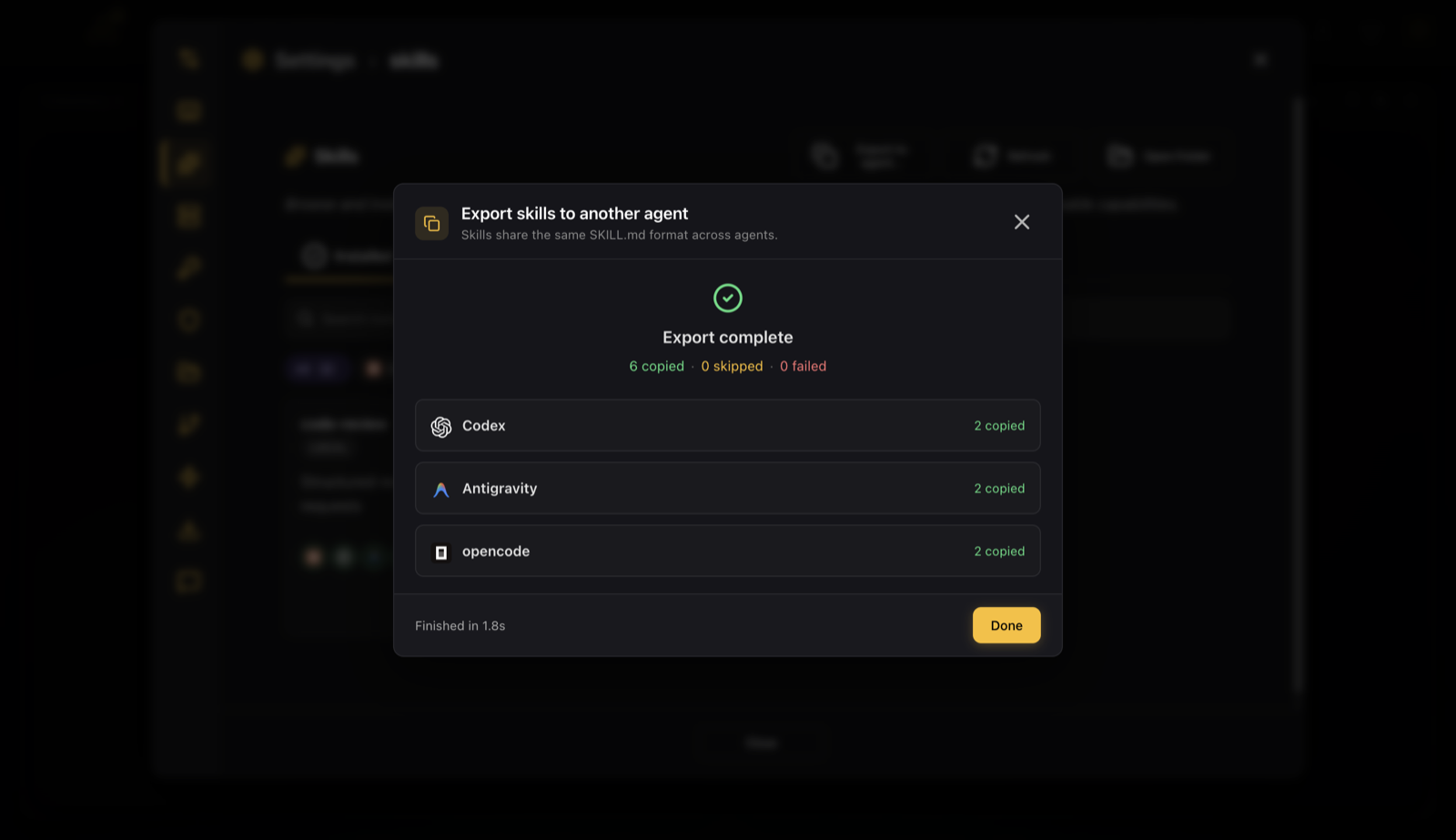 The result screen after exporting skills, with a per-agent breakdown