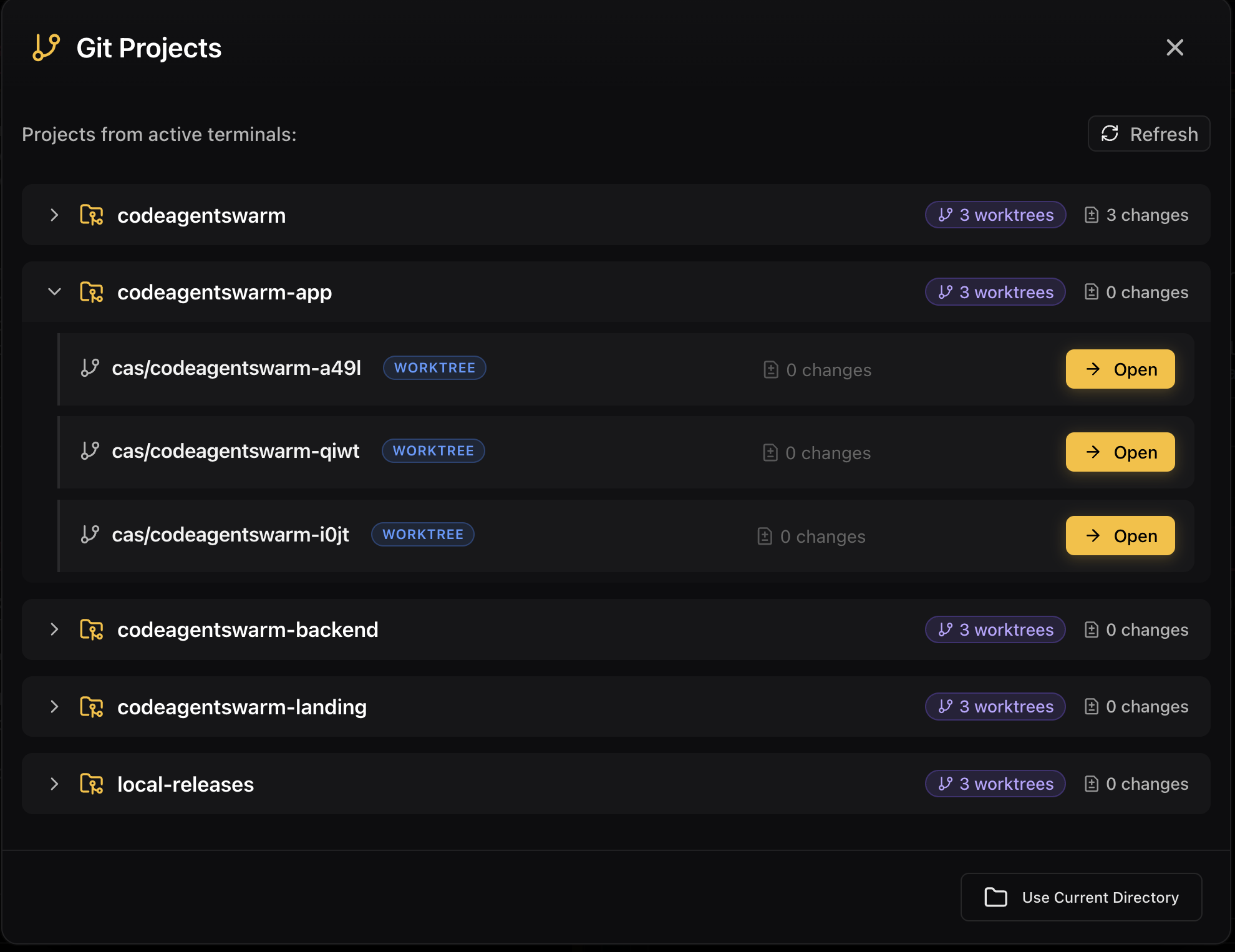 CodeAgentSwarm git worktrees panel, where each parallel agent session gets its own worktree so agents do not share a working directory