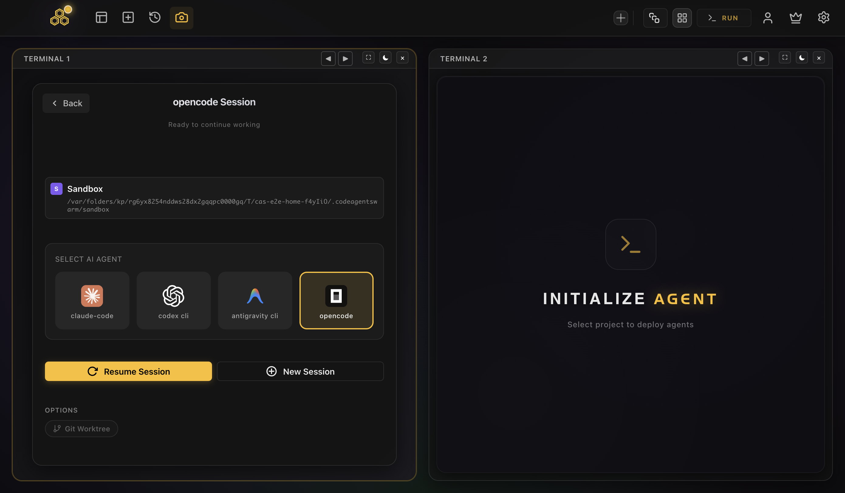 A CodeAgentSwarm terminal showing the SELECT AI AGENT picker with multiple AI CLI options including Claude Code, Codex, OpenCode, Kimi Code and Grok Build