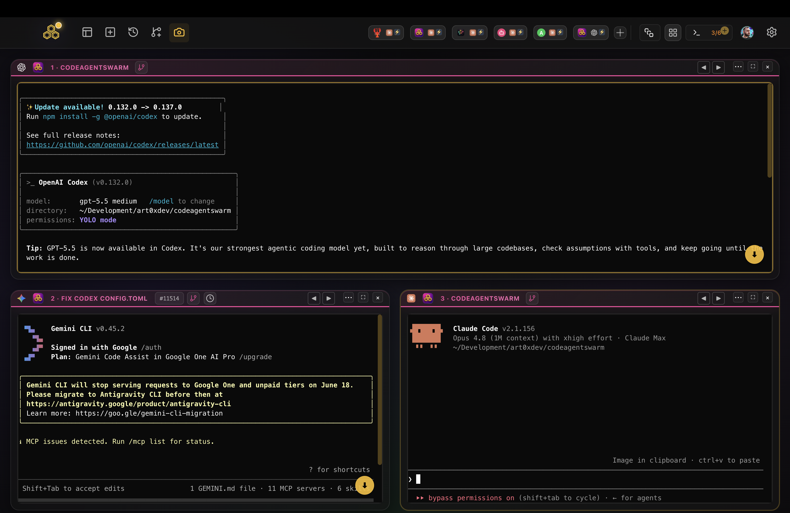 Multiple AI CLI agents (Claude Code, Codex, OpenCode, Kimi Code, Grok Build) running side by side as separate terminals in one CodeAgentSwarm window