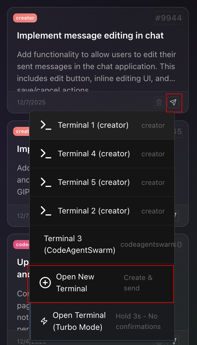 Create terminal from kanban in CodeAgentSwarm