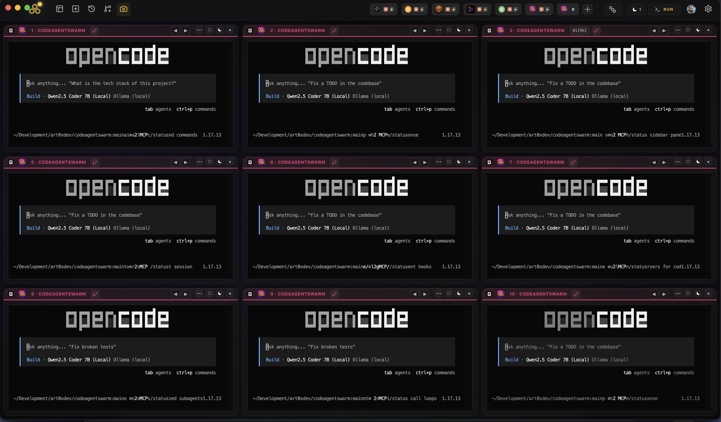 Multiple opencode terminals running in parallel in a single CodeAgentSwarm workspace, each an independent opencode session