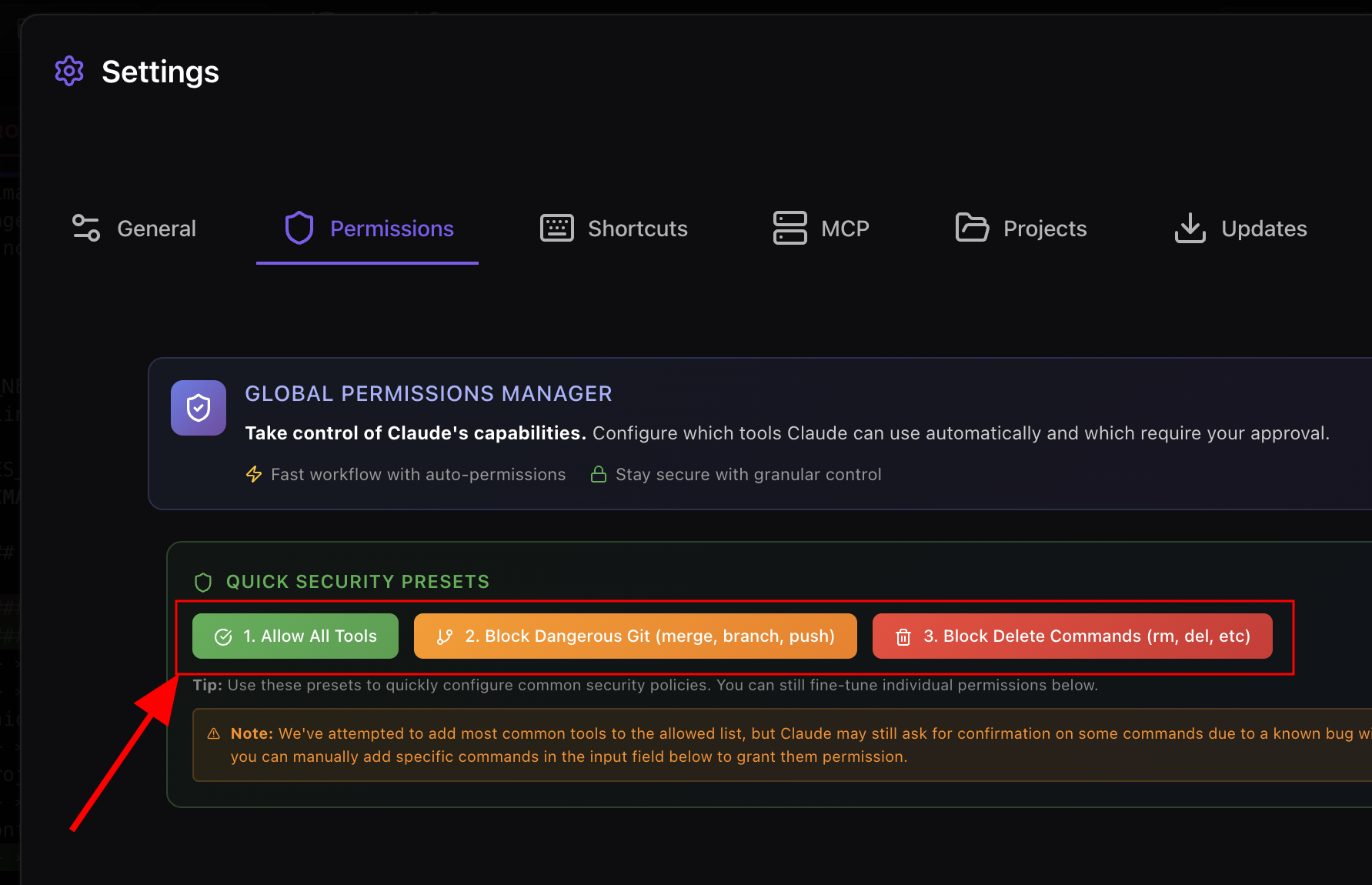 Permission presets in CodeAgentSwarm: Allow All, Block Dangerous Git, Block Delete Commands