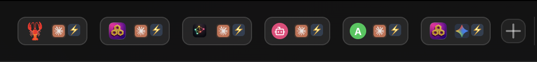 CodeAgentSwarm navbar showing a row of project shortcut buttons, each with its own colour and icon, plus small preset icons for resume mode and Turbo mode