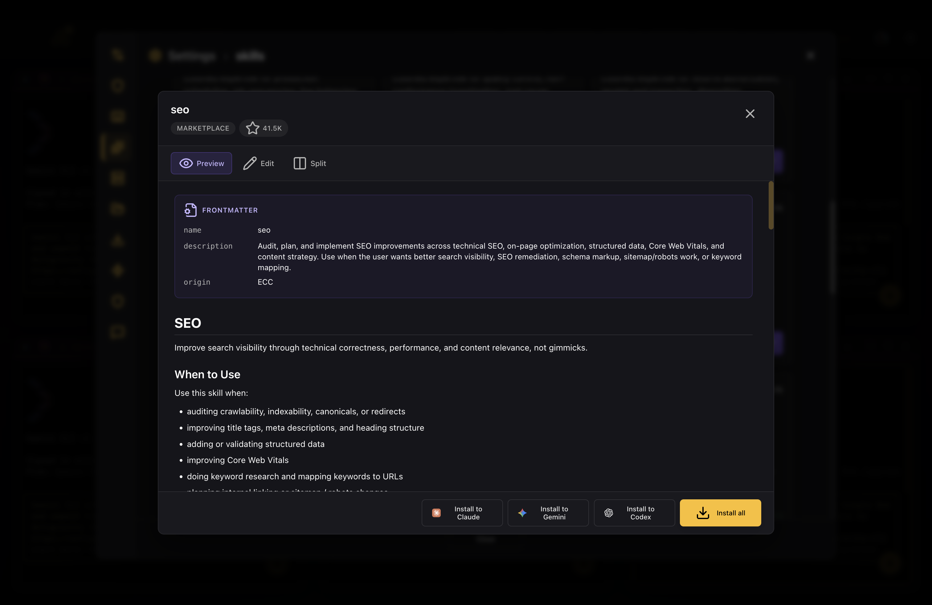 Older CodeAgentSwarm skill detail view showing the previous Claude, Gemini and Codex install targets