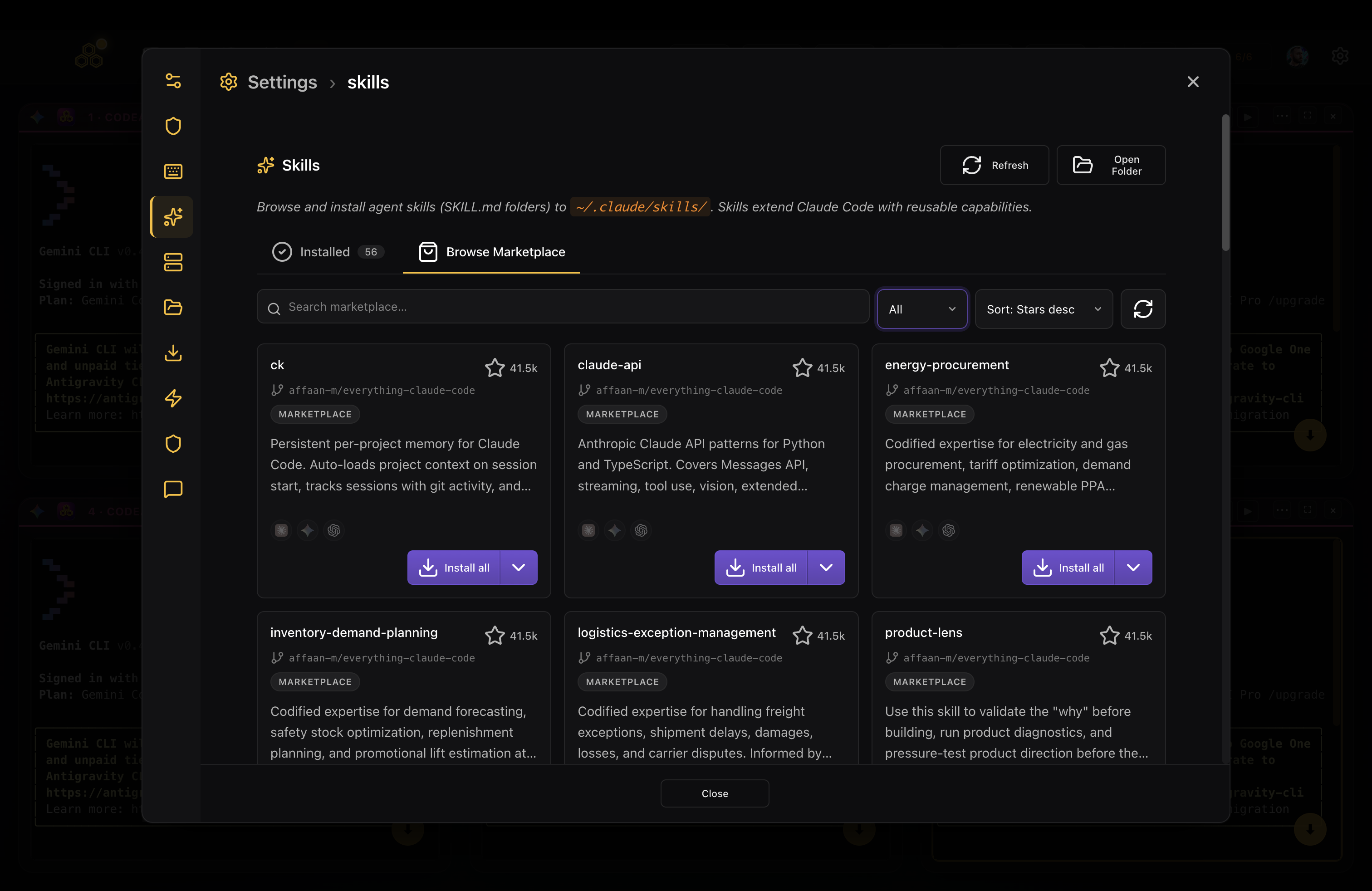 CodeAgentSwarm Skills Marketplace showing a grid of skill cards, each with a name, description, star count and an Install button