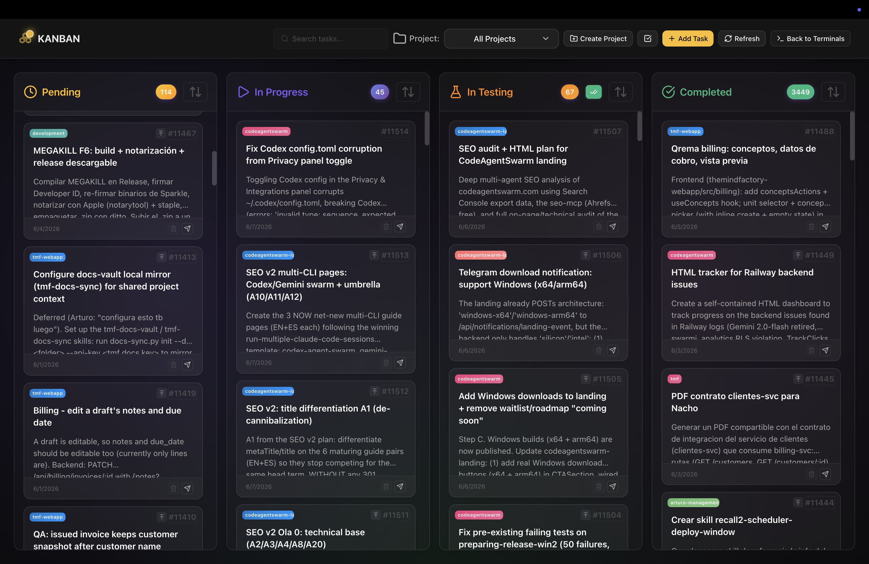 CodeAgentSwarm dashboard showing a kanban task board with columns for tasks, on top of AI CLI agent terminals