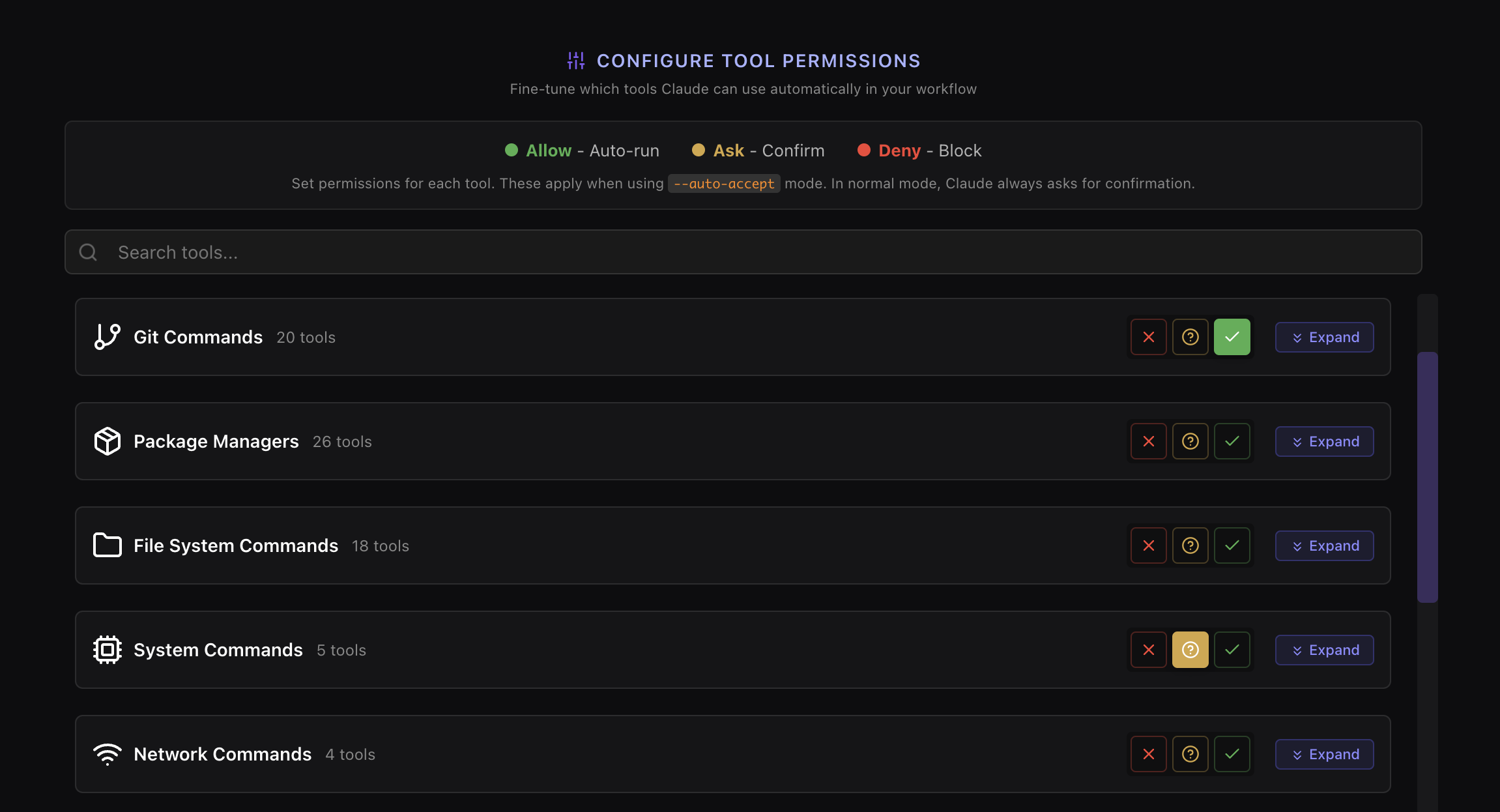Permission categories by tool type: System, Network, Development, Search, Web